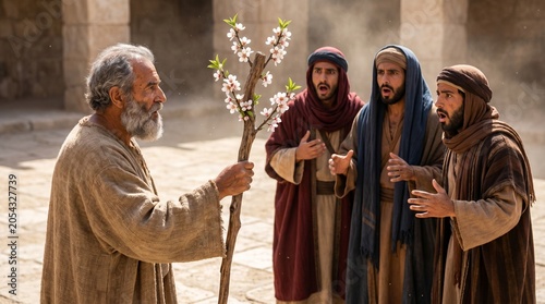 Moses showing Aaron's miraculously blooming staff to the tribal leaders