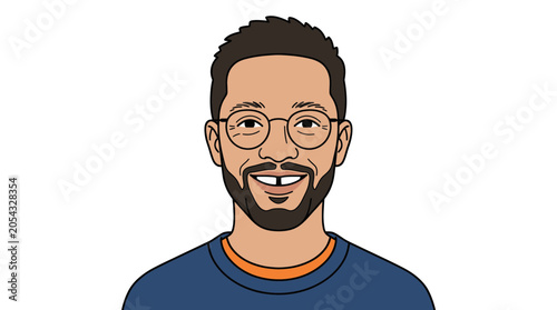Bild auf Leinwand Smiling Man with Beard and Glasses, Cartoon Style Portrait