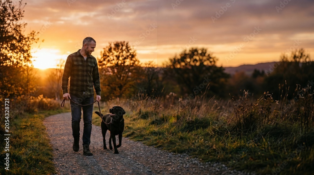 Fototapeta premium Man walking black labrador dog on leash on gravel path at sunset with warm golden light