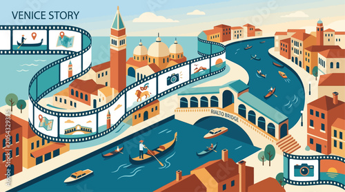 Foto An imaginative flat design illustration of a film strip winding through iconic Venetian landmarks, symbolizing the city's narrative connection to cinema