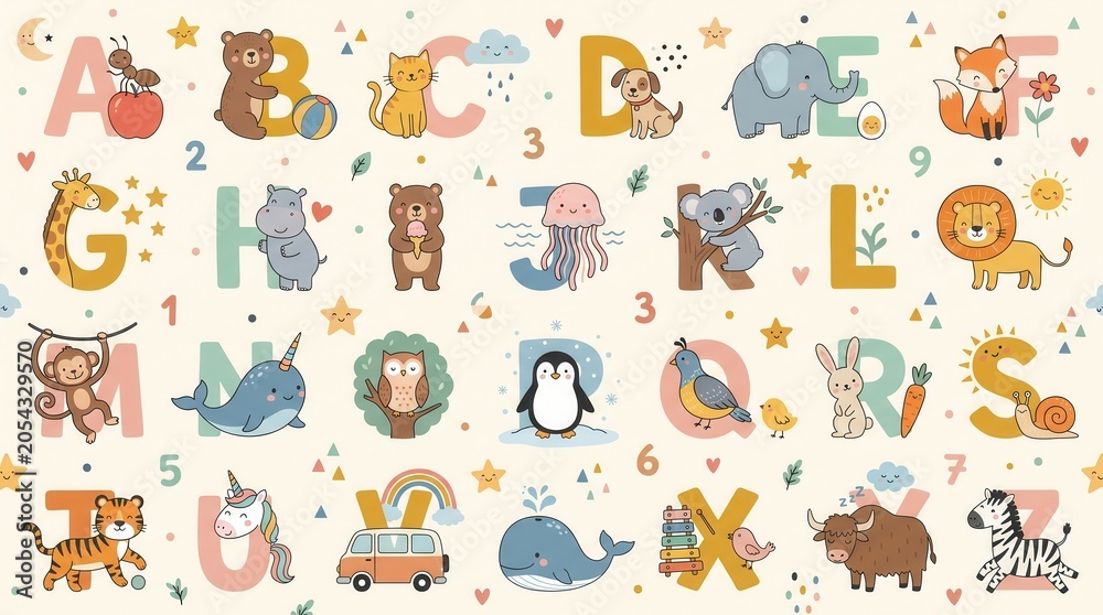 Fototapeta premium Bright alphabet chart shows a full range of cute animals, letters, and numbers for learning