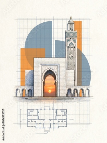 Geometric mosque architecture blueprint urban environment graphic design collage style