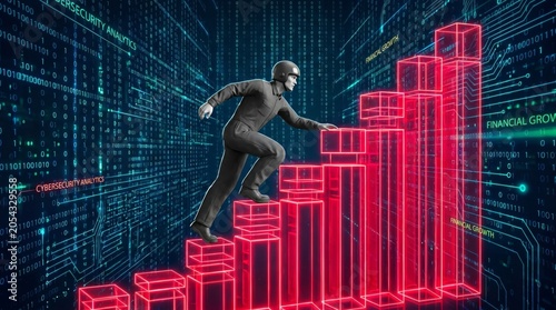 Man climbing financial growth bar chart digital landscape 3d visualization cybersecurity insights