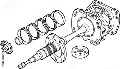 Exploded view technical of mechanical engine components and shaft assembly