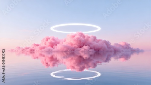 Pink clouds and glowing ring over water