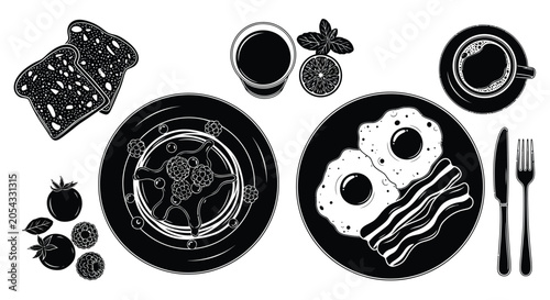 Bilde på lerret Breakfast assortment including pancakes eggs and toast black and white silhouett