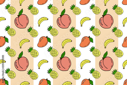 Cute tropical fruit seamless pattern with peaches, bananas and pineapples on striped background. Hand drawn doodle summer texture for fabric, wallpaper, wrapping paper and packaging design.