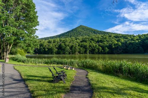 A Path Around Lake Abbott at Peaks of Otter With Sharp Top Mountain in the Background