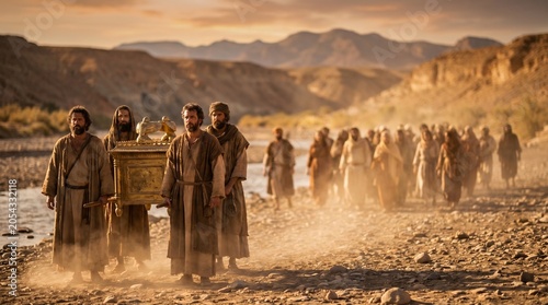A vast multitude of Israelites crossing the dry riverbed of the Jordan River. Ark of the covenant