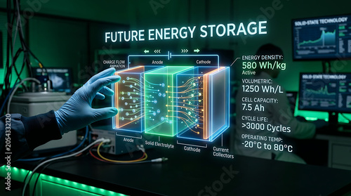Future Energy Storage Technology with Hand and Battery Cross-Section Hologram