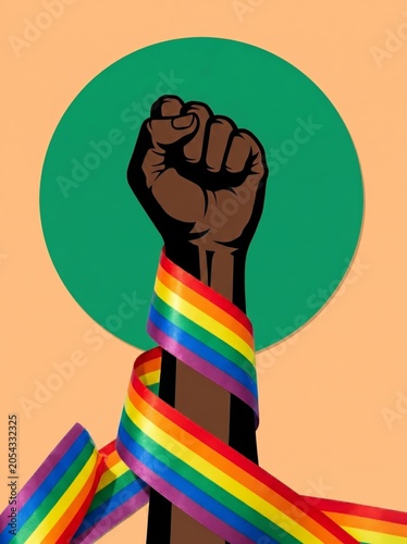 Pride solidarity graphic raised fist with rainbow ribbon on pastel blue background