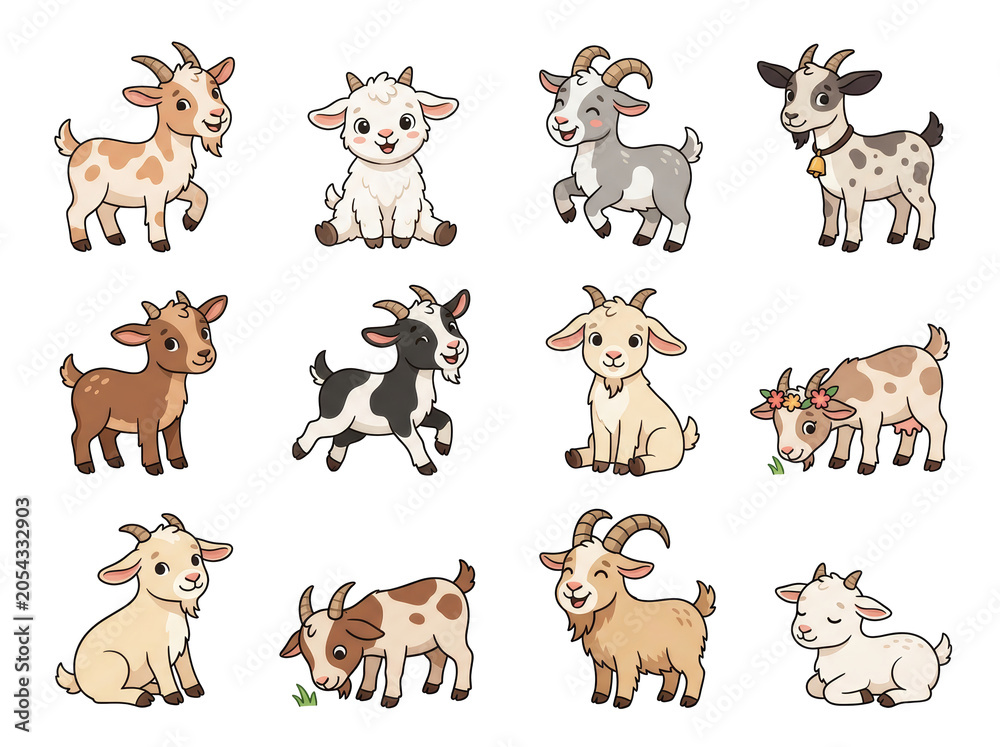 Fototapeta premium Set of cute cartoon goats on transparent background. Collection of happy farm animal characters in various poses. Vector illustration of baby livestock for nursery decor and graphic design.