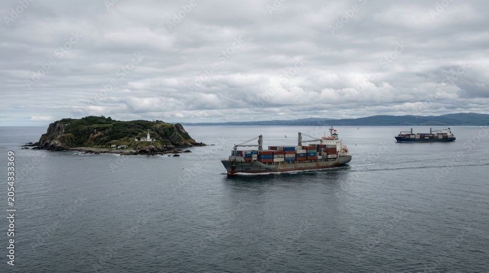 Obraz premium Two large cargo ships transporting goods across calm open ocean waters container ship large vessel