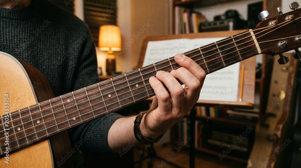 Obraz premium Man playing acoustic guitar indoors music.