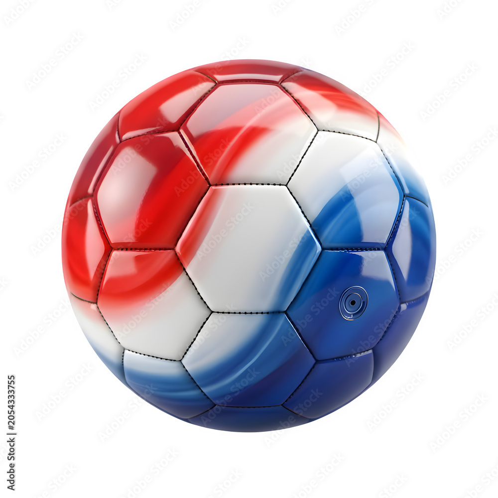 Fototapeta premium Gradient Soccer Ball Red White Blue Stitched 3D Render With Valve Isolated