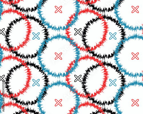 Abstract Geometric Seamless Pattern with Zigzag Distorted Circles and Minimalist Floral Icons
