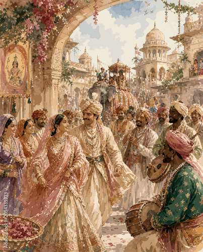 Bild auf Leinwand A vibrant Indian royal or wedding procession with a couple, musicians, and an elephant amidst ornate architecture and festive decorations