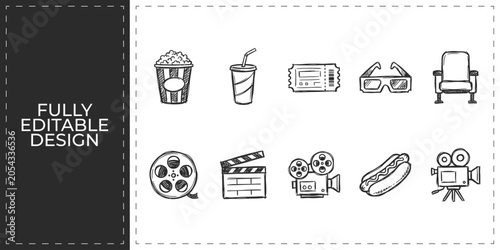 фотографія Movie theater and cinema entertainment hand drawn doodle icons set featuring pop