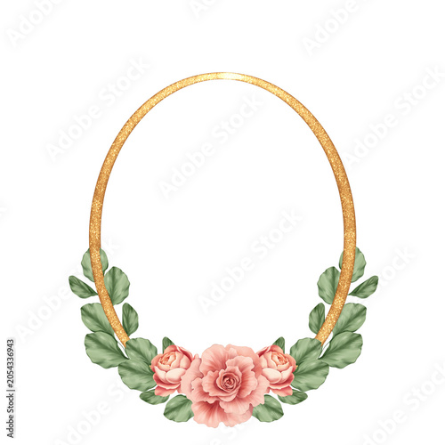 Elegant oval golden glitter frame wreath decorated with hand drawn pink roses...