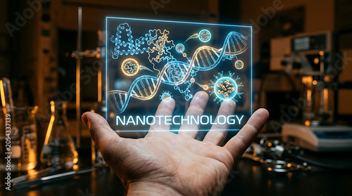 Nanotechnology Concept with Hand and Molecular Structure Hologram
