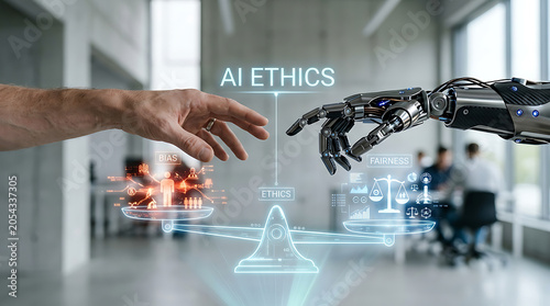AI Ethics Concept with Human and Robotic Hand on Balance Scale Hologram