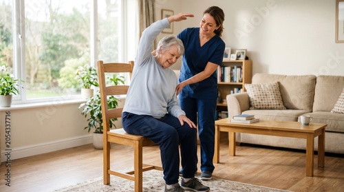 Nurse assisting elderly woman with chair exercise for physical therapy at home