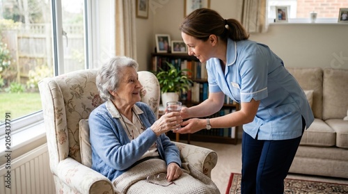 Nurse giving water to elderly woman in armchair at home
