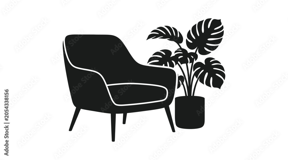 Fototapeta premium Armchair And Monstera Plant Black Silhouette On White Background