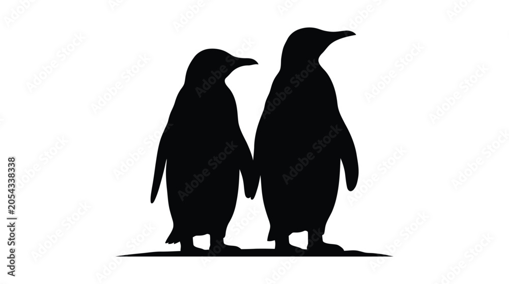 Obraz premium Two Penguins Standing Together Black Silhouette Against White Background