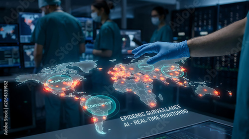 Epidemic Surveillance AI Technology with Hand and Outbreak Map Hologram