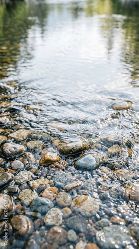 clear water gently flowing over smooth river stones, sparkling reflections and soft ripples, natural daylight, calming and multisensory feeling, negative space in the upper portion