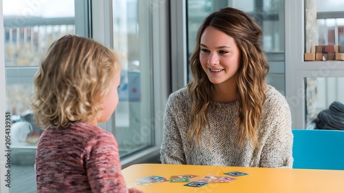 Professional female speech therapist working with a young child using educational cards in classroom.
