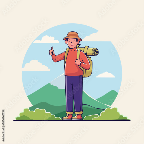 Hiker Giving Thumbs Up in Mountain Landscape