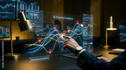 AI Financial Analytics Technology with Hand and Trading Model Hologram