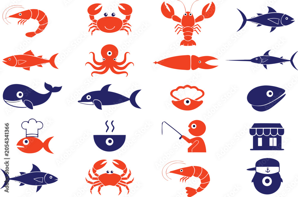 Obraz premium Set of sea life and fish icons in red and blue isolated on transparent background, Vector
