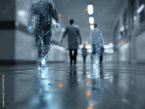 Silhouettes of people in the form of digital matrices walking down the hospital corridor. Concept of artificial intelligence in medicine, telemedicine and the future of healthcare.