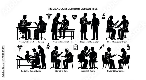 Flat Silhouette Design Medical Consultations Vector Illustration Set
