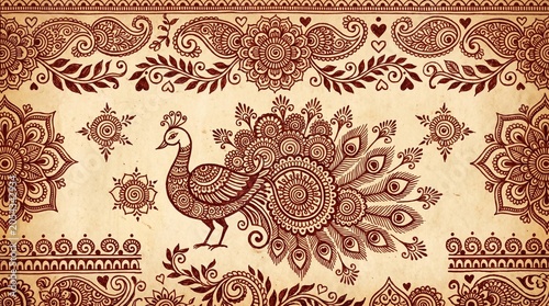 Intricate henna-style peacock with floral and paisley motifs in brown on beige, showcasing ornamental symmetry and traditional Indian artistry…