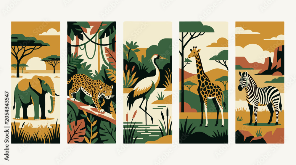 Obraz premium Vibrant Abstract African Wildlife Blocks: Zebra Giraffe Crane Leopard and Elephant Mosaic
