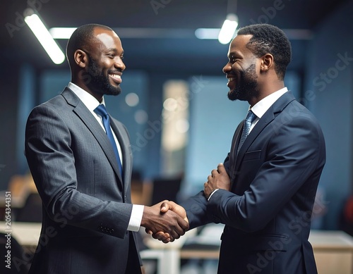 Two smartly dressed men in suits shaking hands, smiling at each other in an office environment, demonstrating professional collaboration