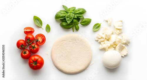 All the ingredients for a Margherita pizza (fresh dough, tomato, mozzarella, basil) arranged separately but together on a white background.