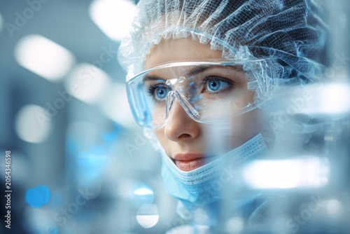 Closeup portrait of a female scientist wearing protective glasses, mask, and hairnet in a modern laboratory. Focused woman researcher working with advanced scientific equipment