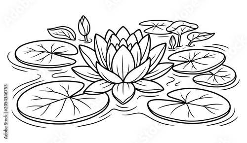 Lotus flower with water lilies outline drawing, vector illustration, flower clip art.