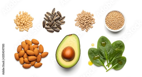 A clearer, modern reinterpretation of nuts, seeds, spinach arranged cleanly as Vitamin E-rich foods, isolated on pure white, no shadows, styled for visual appeal.