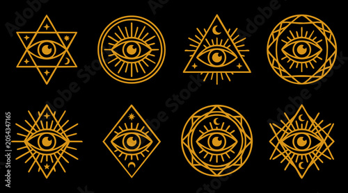 Foto Detailed gold vector graphic collection featuring various mystical eye symbols s