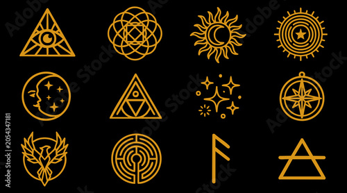 Billede på lærred Set of golden mystic vector icons featuring esoteric symbols and sacred geometry
