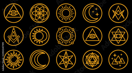 Photos Collection of golden occult vector symbols featuring sacred geometry shapes and