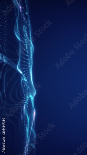 Blue flowing particle structure on a dark background, digital animation