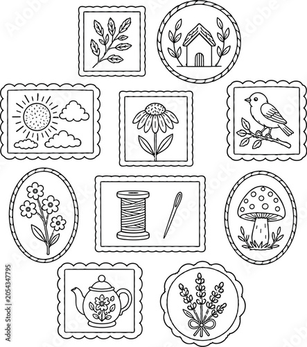 Принти на полотні Cottagecore Embroidery Sampler Pattern, Floral Mini Motifs Hoop Art