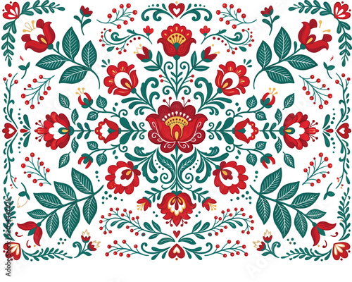 Fotografía Traditional Russian Khokhloma seamless pattern vector ornament with red flowers and green leaves